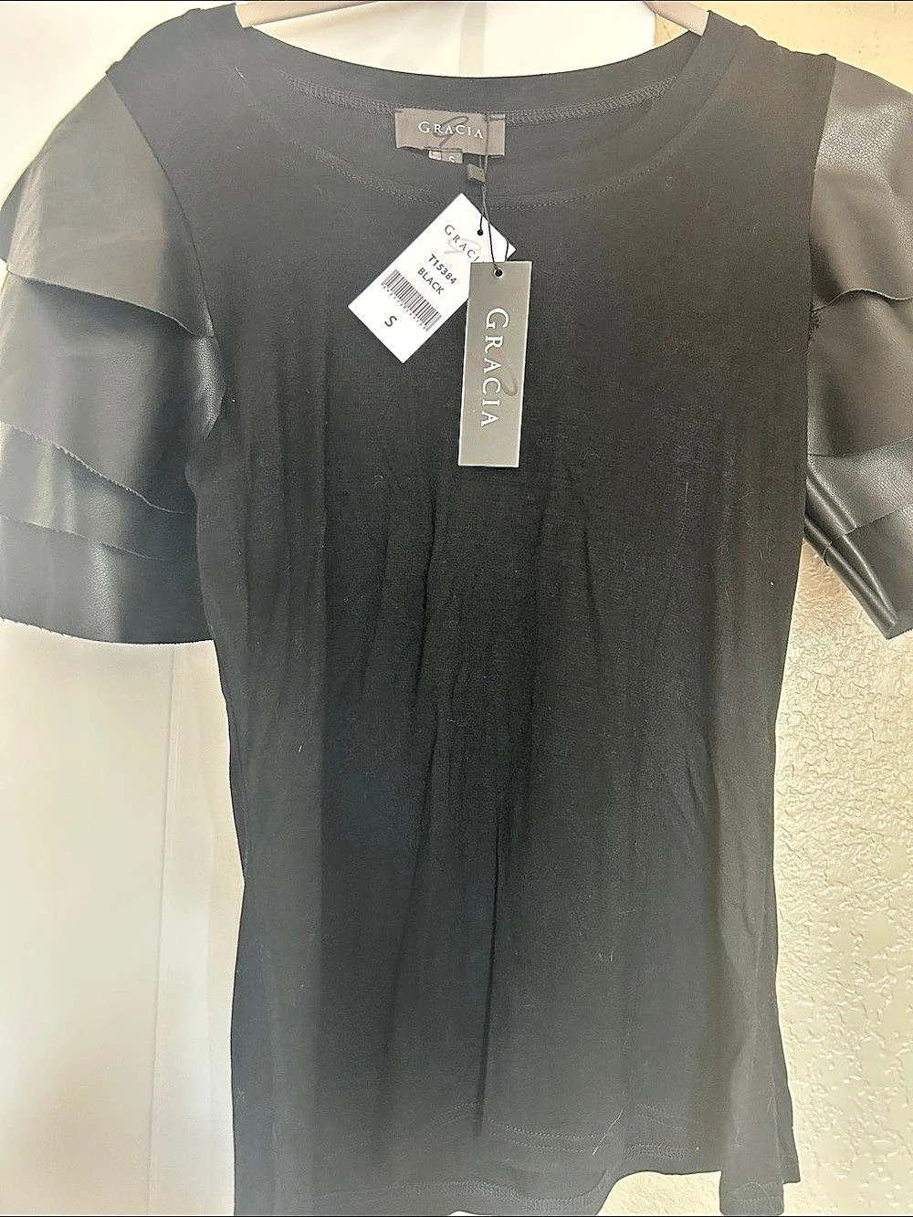 Gracia Black Top with Layered Faux Leather Ruffle Sleeves Black Layered Faux